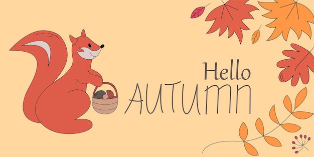 Banner autunnale di vettore simpatico cartone animato con scoiattolo e foglie che cadono Ciao biglietto di auguri autunnale