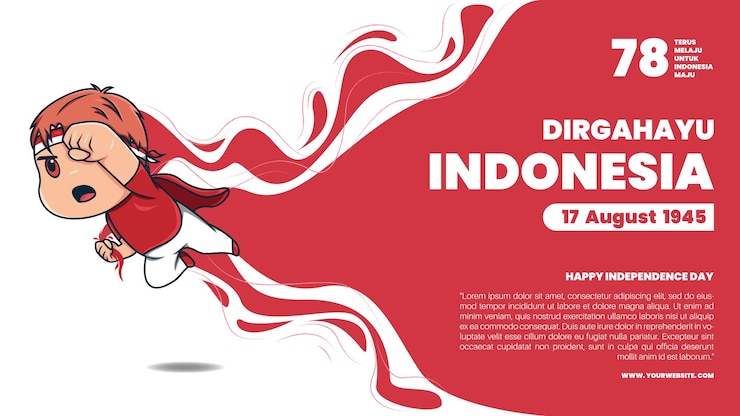 Vettore banner chibi illustrazione dirgahayu indonesia felice giorno dell'indipendenza
