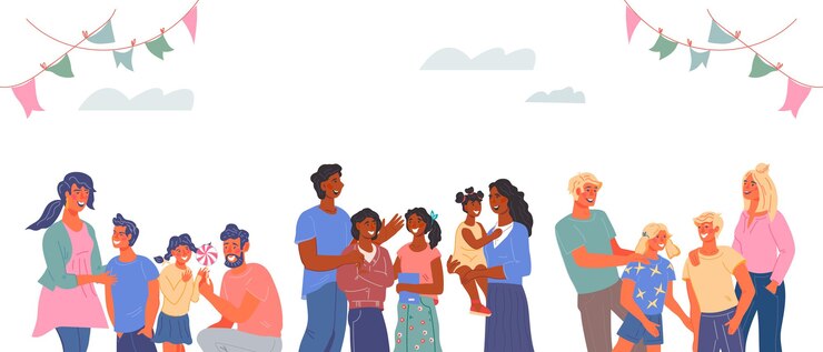 Vettore banner con famiglie multirazziali felici con illustrazione vettoriale piatta per bambini giornata internazionale della famiglia