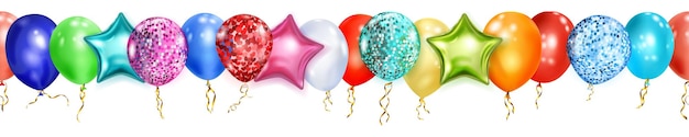 Banner con palloncini lucidi multicolori, rotondi e a forma di stelle, con nastri e ombre, su sfondo bianco, con ripetizione orizzontale senza soluzione di continuità