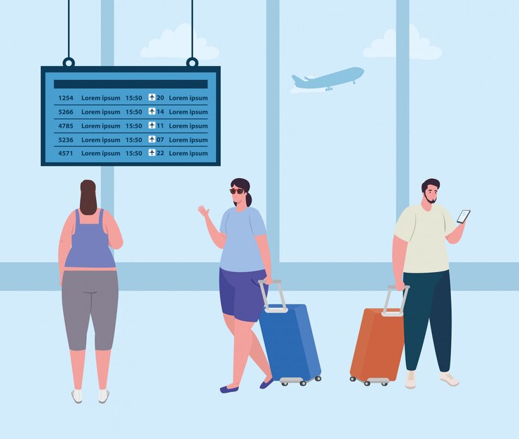 Vettore banner con persone nel terminal dell'aeroporto, passeggeri al terminal dell'aeroporto con disegno di illustrazione vettoriale di bagagli