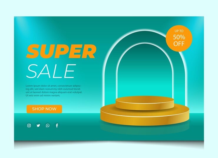 Banner con podio 3d in oro su sfondo ciano sfumato per la visualizzazione di prodotti premium