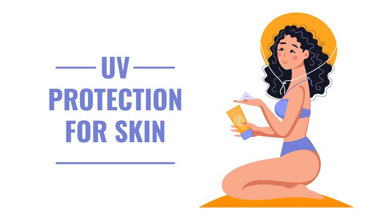 Banner con ragazza con gel spf. Concetto di protezione UV per la pelle, assistenza sanitaria, protezione dalle scottature solari,