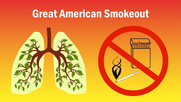 Banner con segnale di divieto rosso con sigarette e polmoni verdi sani Vettore in stile cartone animato
