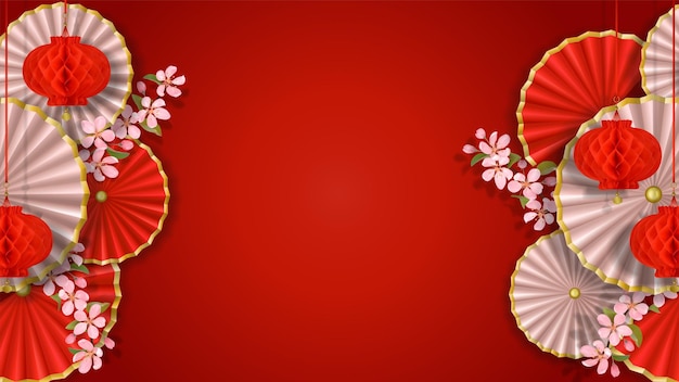 Banner con ventagli di fiori di carta sakura e lanterne in stile asiatico