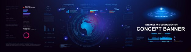 Banner concettuale con elementi HUD Pianeta terra su sfondo cyber futuristico Processo di scambio di informazioni e dati attraverso Internet globale Tecnologie e comunicazioni Internet avanzate