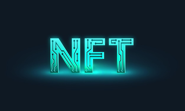 Banner concettuale Token NFT non fungibili con un bagliore luminoso su sfondo scuro Illustrazione vettoriale