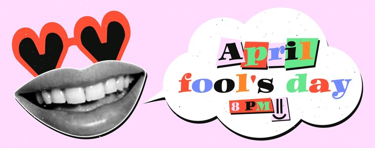 Vettore banner creativo per il primo di aprile in stile collage retro un viso da donna divertente effetti di labbra a mezza tonalità