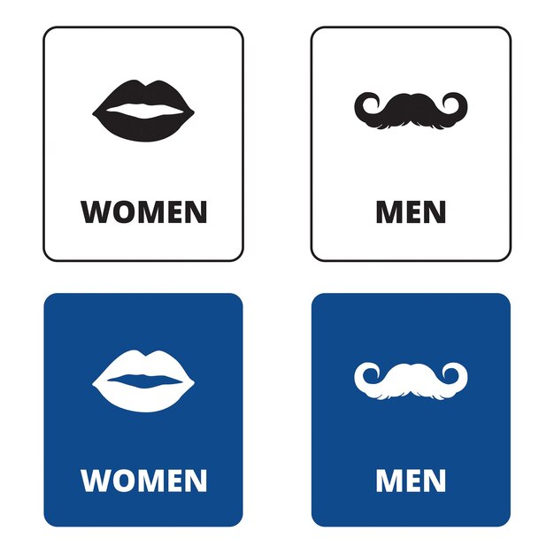 Banner da bagno per donne e uomini con disegni di bocca e baffi su uno sfondo bianco e blu