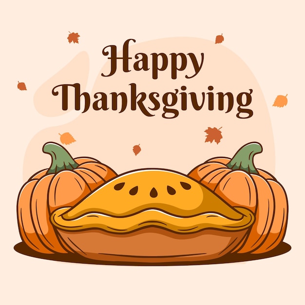 Banner del giorno del ringraziamento con torta di zucca disegnata a mano