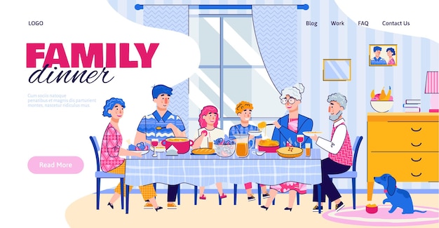 Banner del sito Web con la famiglia che cena insieme illustrazione vettoriale dei cartoni animati