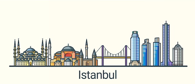 Banner della città di Istanbul in stile alla moda linea piatta. Tutti gli edifici separati e personalizzabili. Linea artistica.