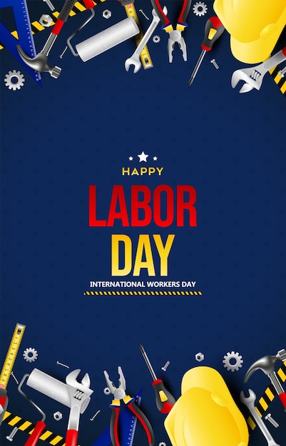 Banner della Festa del Lavoro con strumenti di costruzione sullo sfondo sullo sfondo verticale