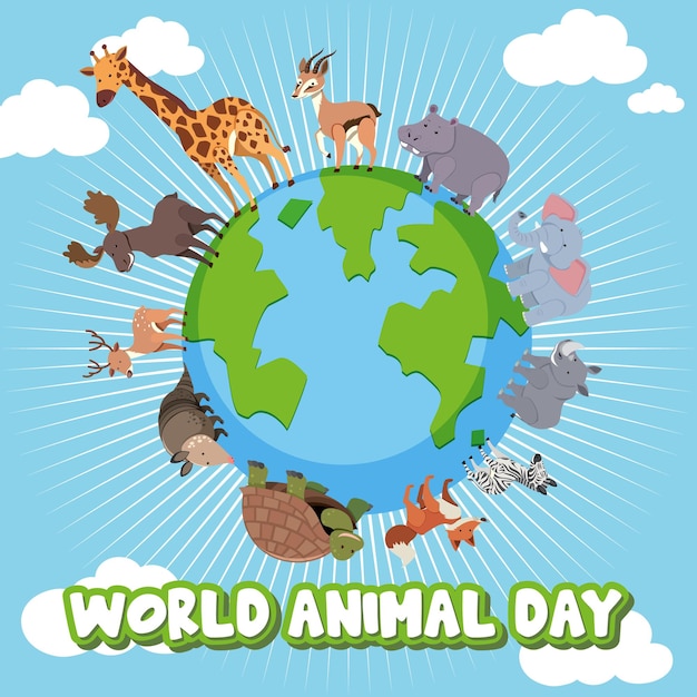Banner della Giornata Mondiale degli Animali con animali selvatici in piedi sulla terra