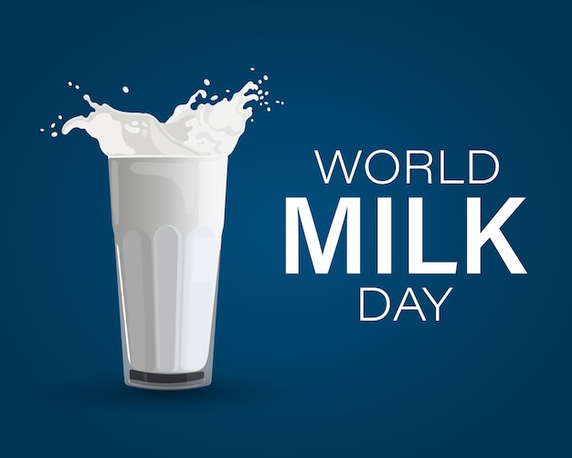 Banner della Giornata mondiale del latte Bicchiere con spruzzi di latte e testo Poster illustrazione vettoriale