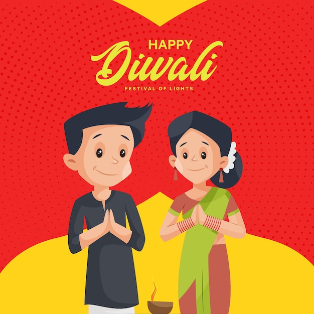 Banner design di felice Diwali con uomo e donna in piedi con la mano di saluto