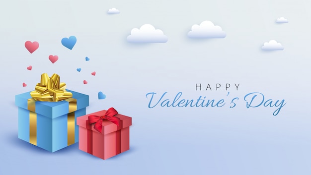 Banner design di San Valentino. illustrazione con scatole regalo su sfondo blu morbido.