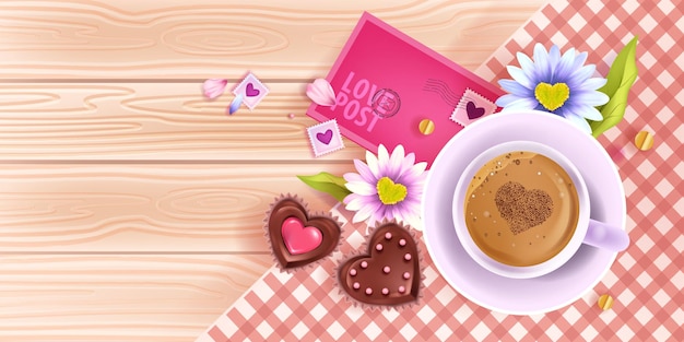 Banner di amore di San Valentino con vista da tavolo in legno, tazza di caffè, camomilla, busta rosa. Romantica colazione primaverile con torte al cioccolato.