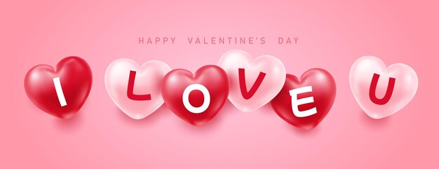 Banner di auguri di San Valentino con modello vettoriale realistico cuore rosso