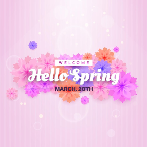 Banner di benvenuto alla primavera con fiori colorati e decorazioni di testo