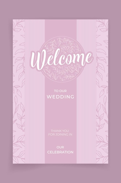 Banner di benvenuto per matrimoni con linea di foglie bianche su sfondo rosa pastello Stile elegante e di lusso