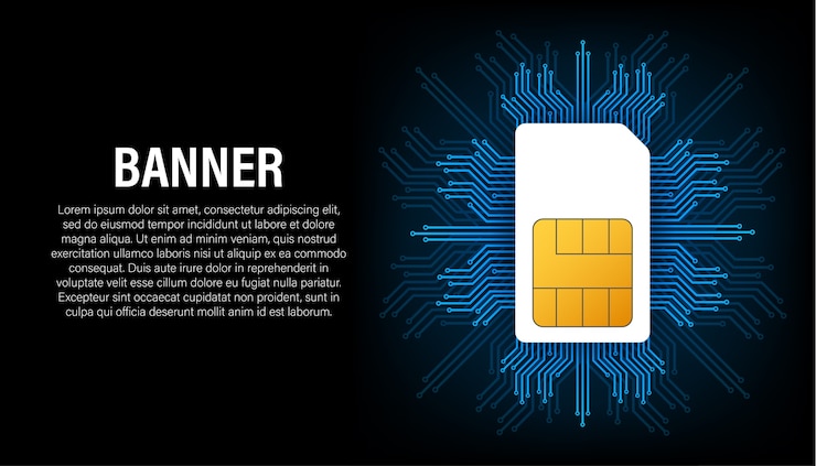 Vettore banner di carta sim in stile astratto. moderna tecnologia di comunicazione. banner di concetto. chip digitale. comunicazione senza fili del telefono cellulare