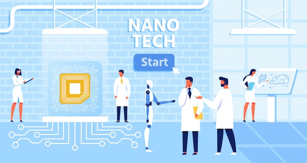 Banner di cartone animato con pulsante Start per Presentation Nano Tech Laboratory ed efficace