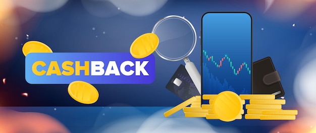 Banner di cashback Fiamme e fumo realistici Telefono che mostra le quotazioni del mercato azionario monete d'oro carte bancarie monete e una lente d'ingrandimento Colori al neon Vettore