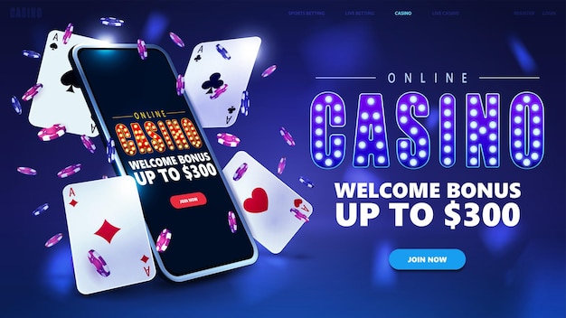 Banner di casinò online per sito Web con fiches da poker per smartphone pulsante e carte da gioco in scena blu