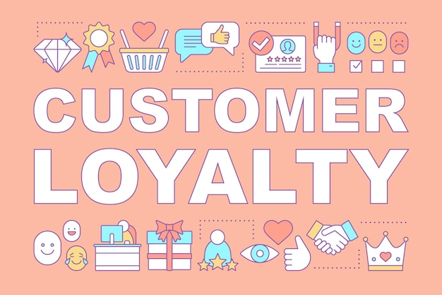 Banner di concetti di parola fedeltà del cliente. Soddisfazione del cliente. Marca preferita. Servizio clienti, premi. Presentazione, sito web. Idea di tipografia scritta isolata con icone lineari. Illustrazione vettoriale