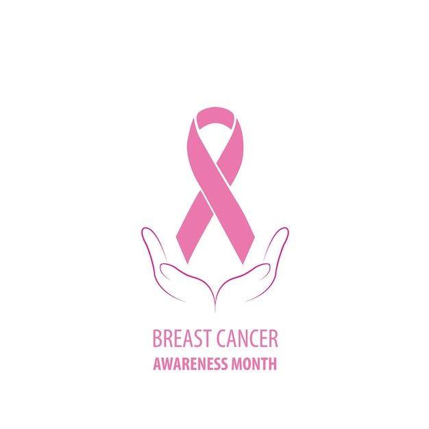 Banner di consapevolezza del cancro al seno con due mani che tengono un nastro rosa su sfondo bianco