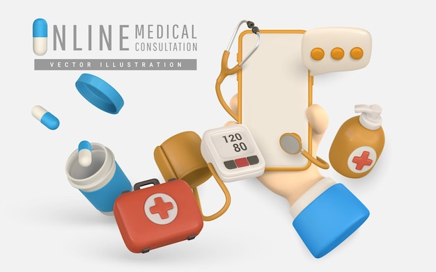 Banner di consultazione medica online nel concetto di design sanitario in stile cartoon Illustrazione vettoriale