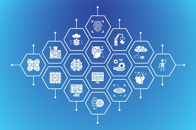 Banner di icone aziendali di intelligenza artificiale Robotica Chatbot Database Big Data background