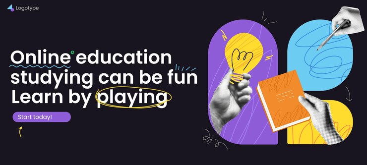 Banner di istruzione scolastica online con modello di pagina di destinazione forma divertente elemento a mano a mezza tonalità lampadina
