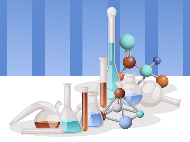Banner di matracci da laboratorio Vetreria di laboratorio e liquido diversi per analisi, provette con liquido di diversi colori, molecola.