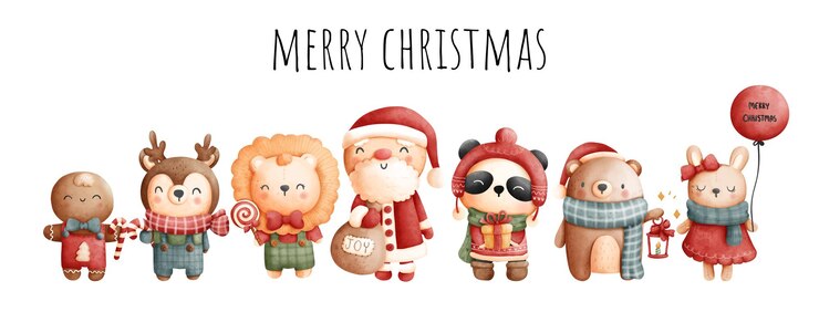 Banner di Natale con Babbo Natale e animali del bosco.