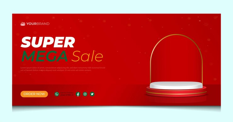 Banner di Natale con podio 3d su sfondo rosso con fiocchi di neve adatti per l'esposizione del prodotto
