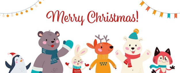 Banner di Natale con un gruppo di simpatici animali invernali. Orso polare, cervo, pinguino, volpe, coniglio isolato. Piatto del fumetto di vettore. Per biglietti, inviti, cartelli, packaging.