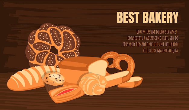 Banner di panetteria Modello web Poster di un negozio di pane con spazio di copia per il testo Pagnotta di grano baguette e panino Pasticceria dolce Prodotti freschi di segale Atterraggio di panettiera Illustrazione vettoriale piatta isolata