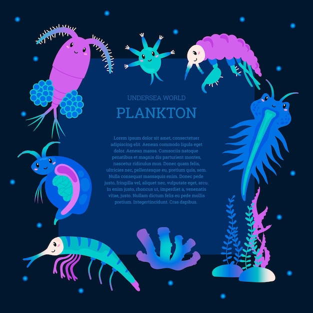Banner di plancton del mondo sottomarino con cornice e spazio di copia per l'illustrazione vettoriale piatta dei cartoni animati di testo