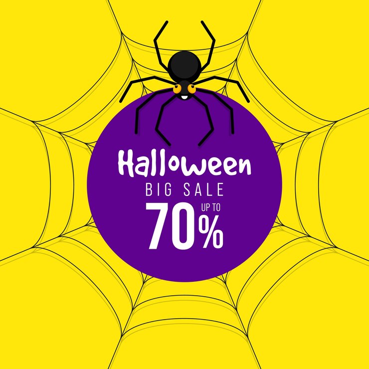 Vettore banner di promozione di vendita di halloween felice e design del modello di sconto speciale decorativo con ragno isolato su sfondo verde