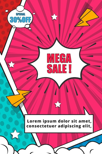Banner di promozione sconto super vendita di fumetti vettoriali gratis