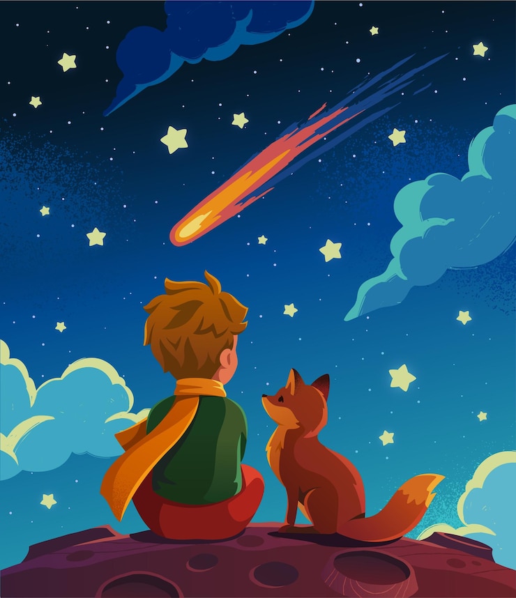 Vettore banner di ragazzino e volpe con fiaba tratta da un libro o una favola della buonanotte con il personaggio e il suo amico