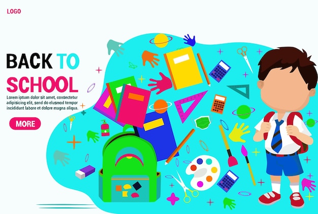 Banner di ritorno a scuola con materiale scolastico realistico su sfondo lavagna