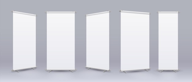 Banner di rotolo vuoto Realistico rollup stand mockup tabellone per le affissioni vuoto con posto per la raccolta di testo e logo di visualizzazione di informazioni e modello di pubblicità del negozio Set di cartelli isolati verticali vettoriali