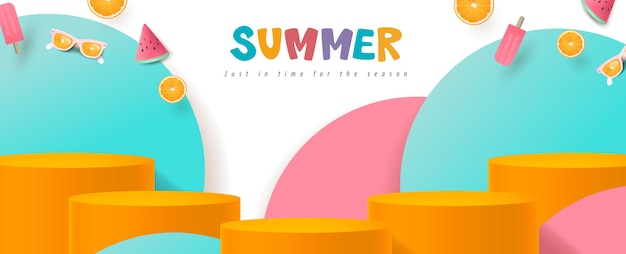 Banner di saldi estivi colorati con forma cilindrica di visualizzazione del prodotto