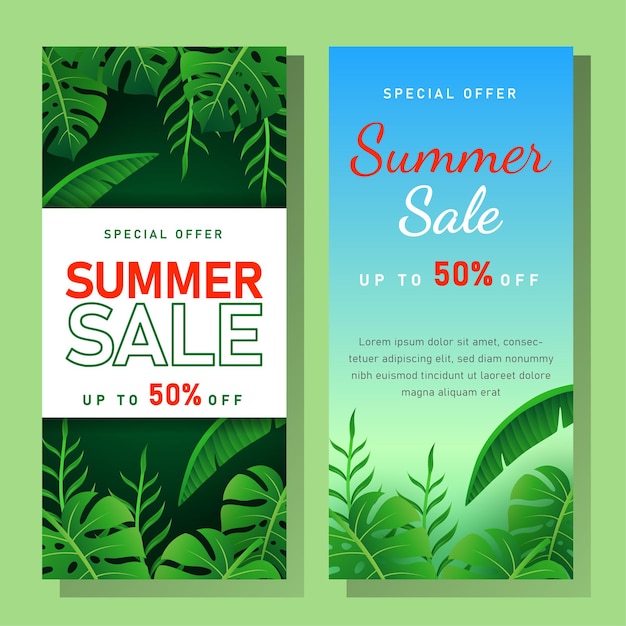 banner di saldi estivi con foglie tropicali