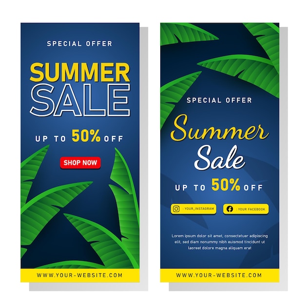 banner di saldi estivi con foglie tropicali