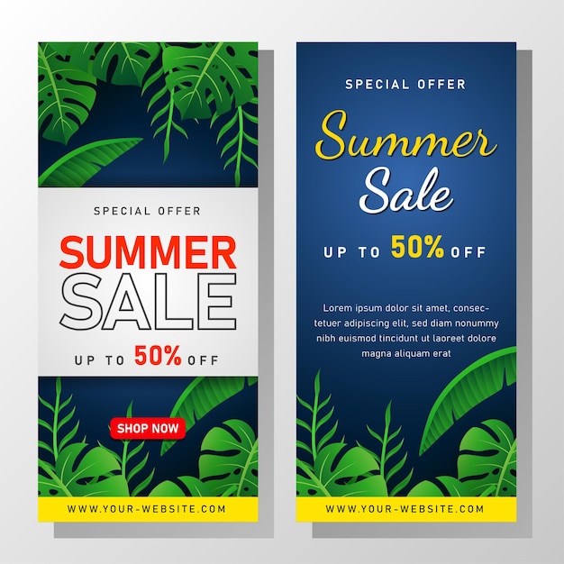 banner di saldi estivi con foglie tropicali