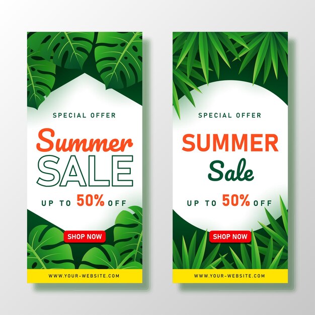 banner di saldi estivi con foglie tropicali